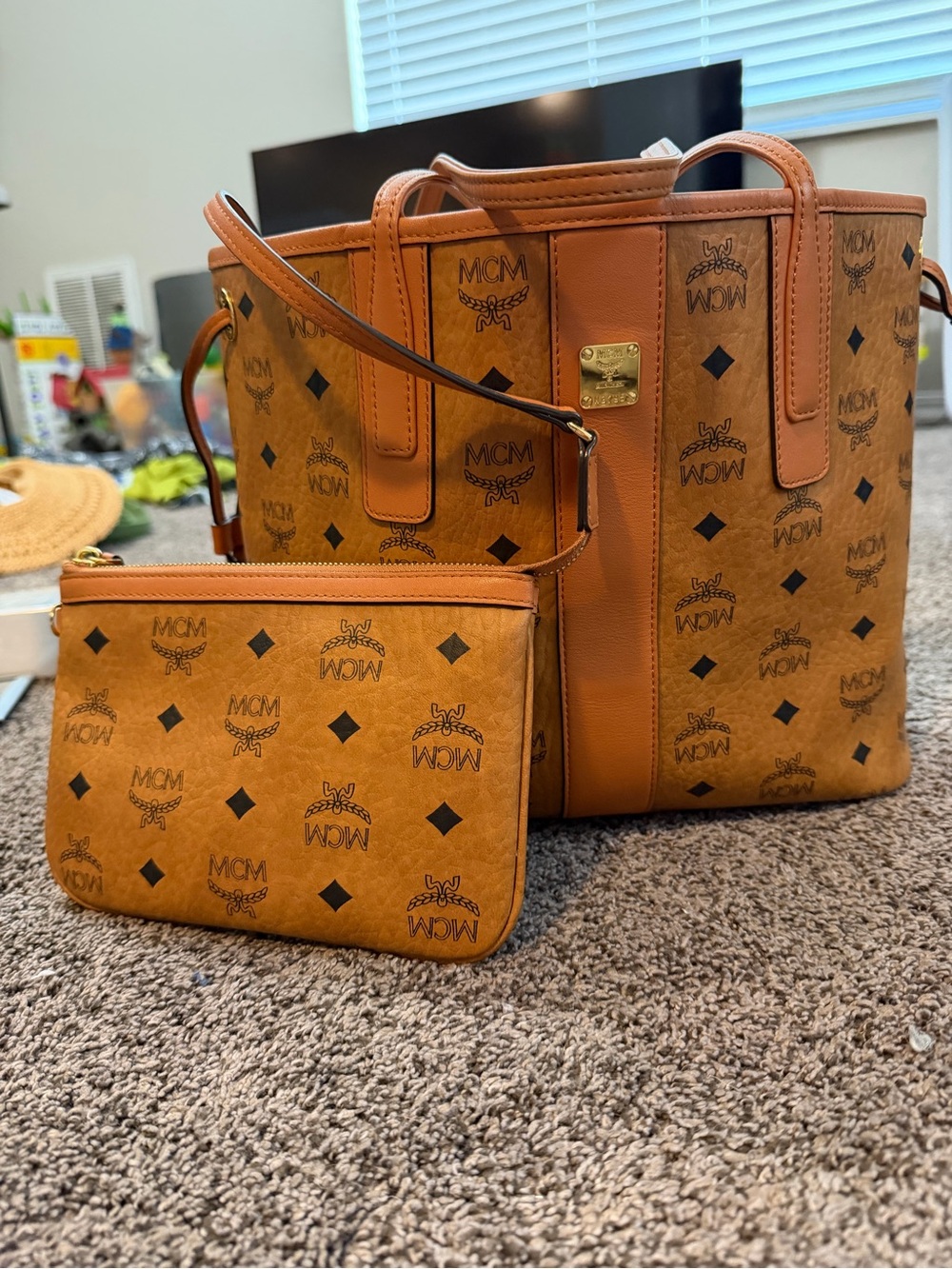 MCM Cognac Visetos Monogram Tote with Pouch - Cognac